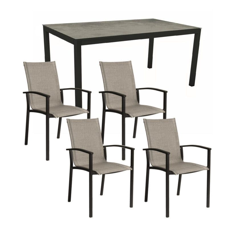 Stern Gartenmöbel-Set mit Stapelsessel "Evoee" und Gartentisch 130 x 80 cm, Gestelle Aluminium schwarz matt, Sitzfläche Textilgewebe Leinen grau, Tischplatte HPL Zement