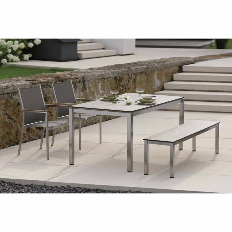 Stern Stapelsessel "Cardiff", Gestell Edelstahl, Sitzfläche Textilgewebe silbergrau, Armlehnen Teakholz