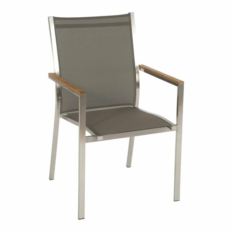 Stern Stapelsessel "Cardiff", Gestell Edelstahl, Sitzfläche Textilgewebe taupe, Armlehnen Teakholz