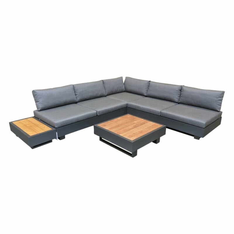 Jati&Kebon "Bari" Loungeset, Aluminium eisengrau, Kissen Lopi Shadow, Tischplatten Teak