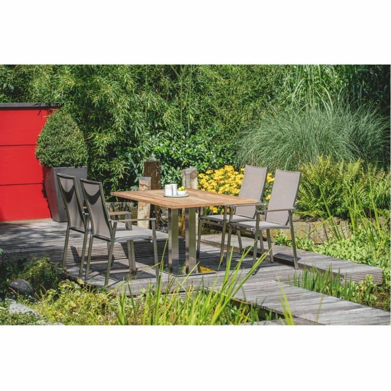 Niehoff Tisch "Bistro", Gestell Edelstahl, Tischplatte Teak mit Stuhl "Scalea"
