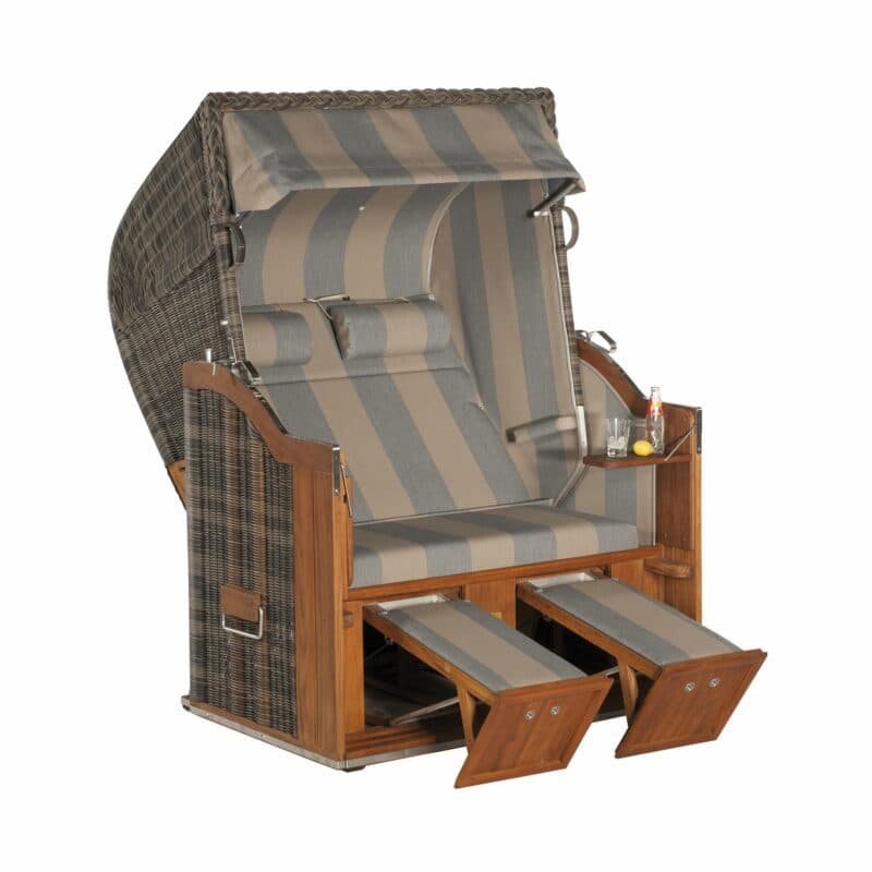 Sonnenpartner 2-Sitzer Strandkorb Halblieger "Classic Teak", Kunststoffgeflecht Cappuccinooptik, 2 Nackenrollen, Stoff Nr. 74