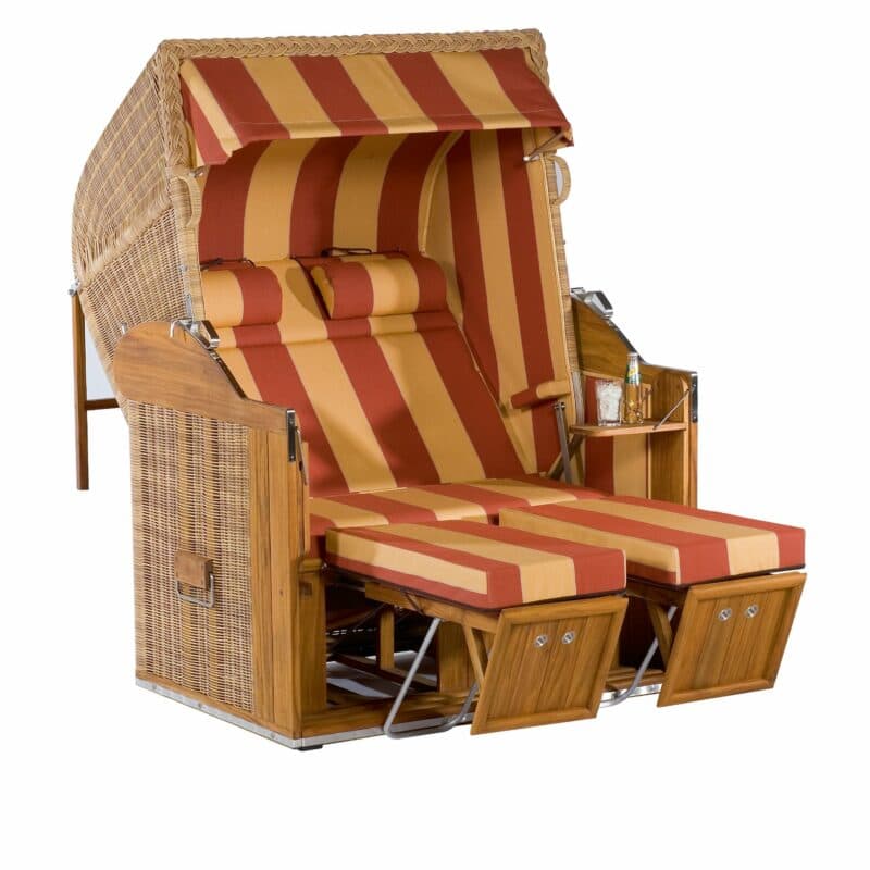 Strandkorb "Classic-Teak" von SonnenPartner, Korpus Teakholz, Rundgeflecht Rattanoptik, Dessin Stoff-Nr. 117, Liegemodell