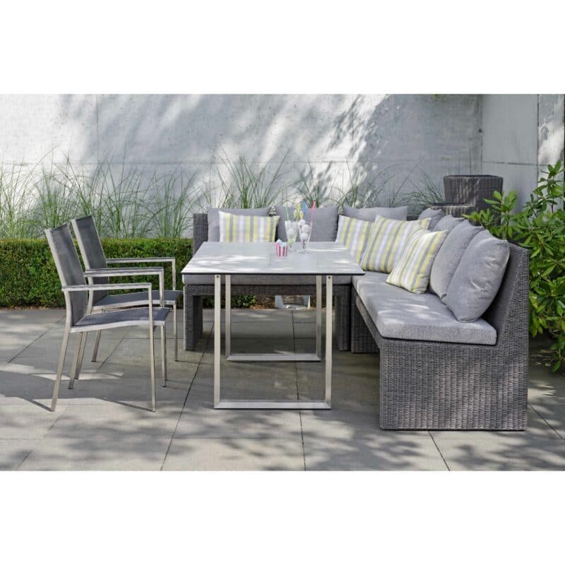 Stern Gartenmöbel-Set mit Stuhl Cardiff, Bank und Eckelement "Noel" und Kufentisch Edelstahl/HPL