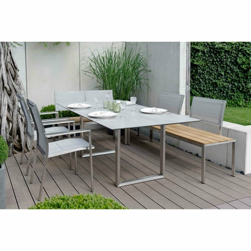 Stern Kufentisch, Gestell Edelstahl, Tischplatte HPL Zement hell, Tischgröße: 200x100 cm