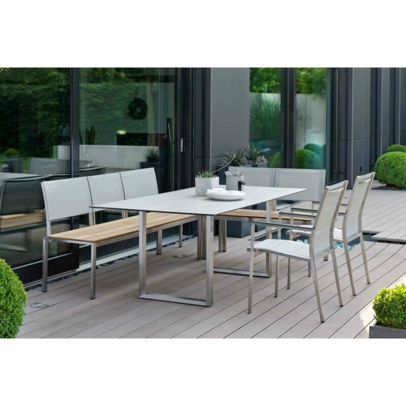 Stern Kufentisch, Gestell Edelstahl, Tischplatte HPL Zement hell, Tischgröße: 200x100 cm