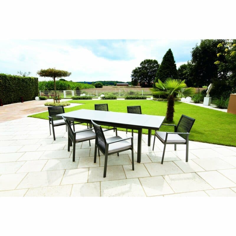 Niehoff "Nancy" Ausziehtisch, Gestell Aluminium, Glasauflage in grau, "Nancy" Gartenstuhl, Gestell Aluminium, Kodelbespannung schwarz, Sitzkissen in grau