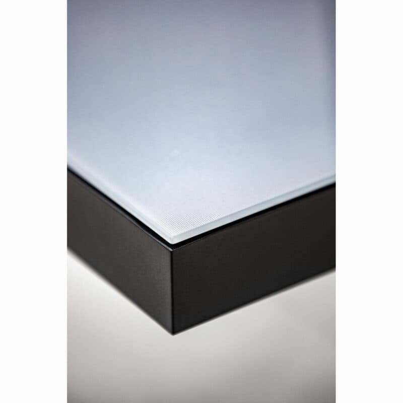 Niehoff "Nancy" Ausziehtisch, Gestell Aluminium, Tischplatte Glasauflage hellgrau, Detail Tischplatte