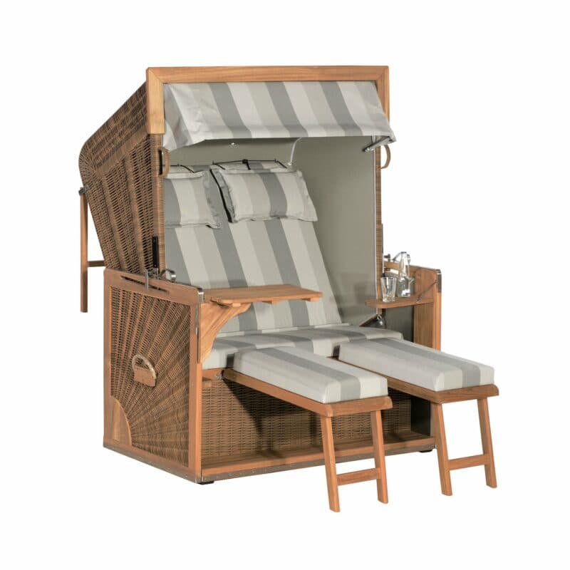 Sonnenpartner Strandkorb "Admiral", Teakholz natur, PE-Kunststoffgeflecht antik-braun, Markisenstoff 123