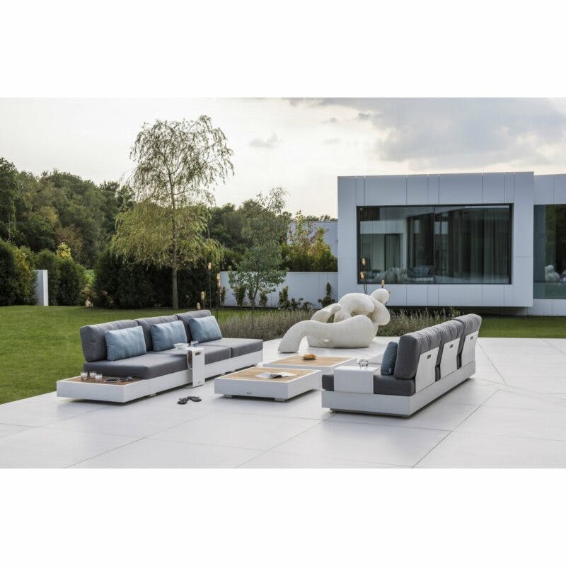 Jati&Kebon "Bari" Loungeset, Gestell Aluminium weiß, 3-Sitzer Basismodul, Beistelltisch groß und klein