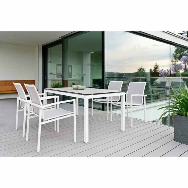 Stern Stapelsessel "Skelby", Gestell Aluminium weiß, Sitz & Rücken Textilgewebe silber, Tisch Gestell Aluminium weiß, Tischplatte HPL Zement hell, 160x90 cm