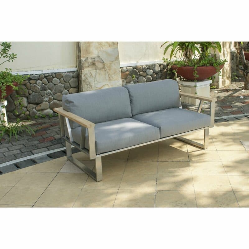 Zebra "Belvedere" 2-Sitzer Loungesofa aus Edelstahl mit Teakholzarmlehnen und Sitzkissen aus Tuva medium grey