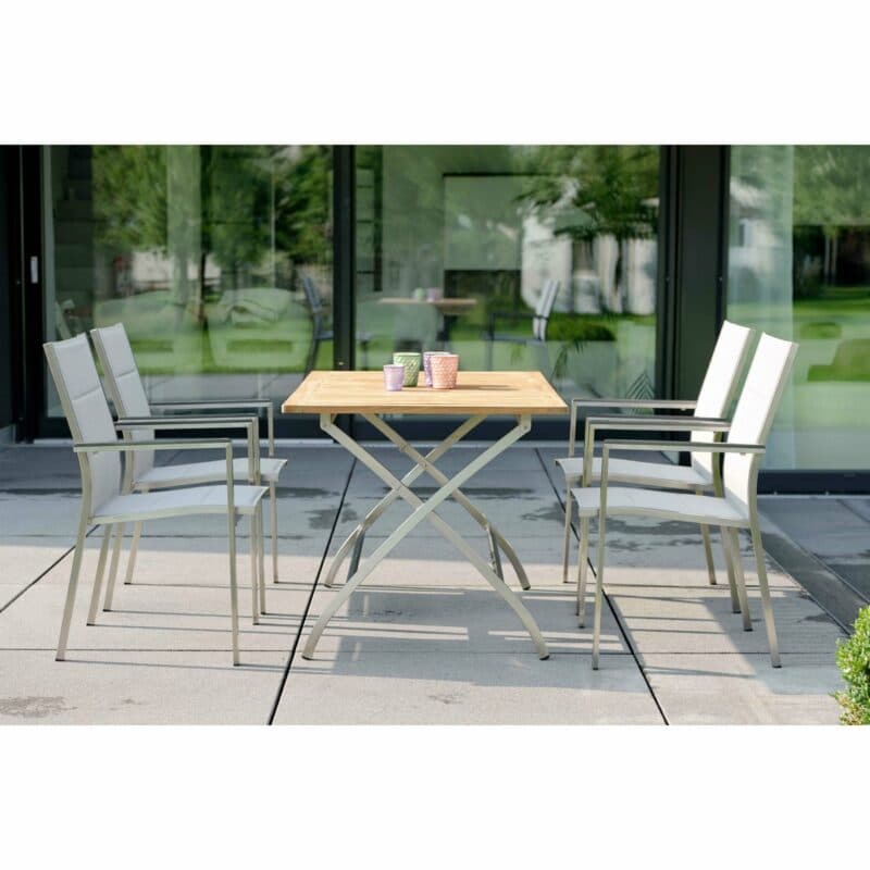 Stern Stapelsessel "Cardiff", Gestell Edelstahl, Textilgewebe silber gepolstert, Armlehnen Aluminium anthrazit