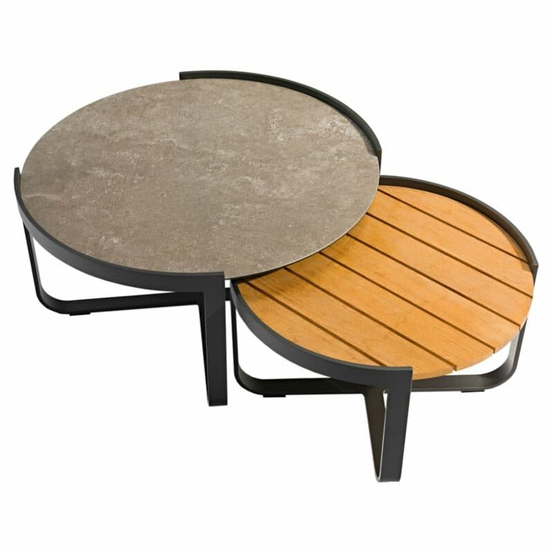 Zebra "Fly Lounge" 2er-Tischset, Gestell Aluminium, Tischplatten Teak und Glas-Keramik