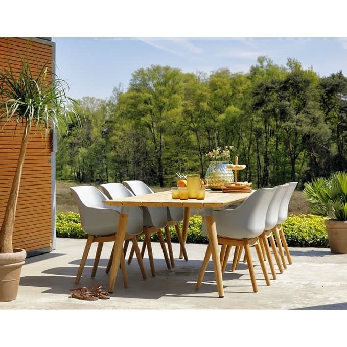 Hartman "Sophie Studio" Gartenmöbel-Set mit Gartentisch Teakholz, Gestell-Absetzung misty grey und sechs Armlehnstühle, Gestell Teak, Sitzschale Kunststoff misty grey