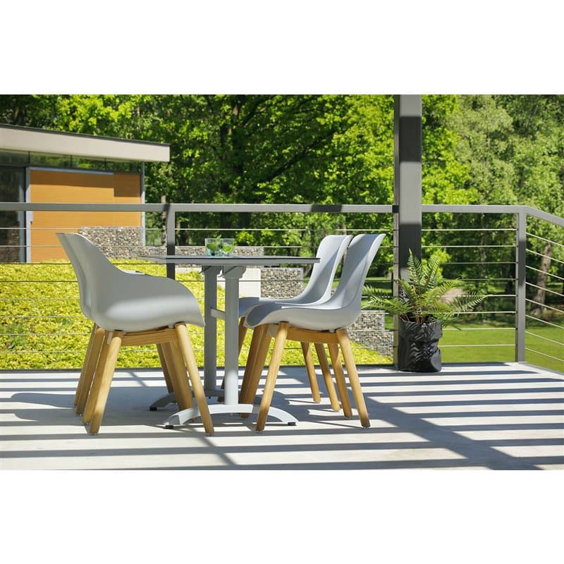 Hartman "Sophie" Dining Chair und Organic Chair, Gestell Teakholz, Sitzschale Kunststoff misty grey und "Sophie" Bistrotisch, misty grey