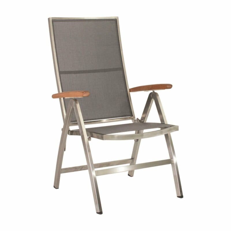 Stern "Cardiff" Klappsessel, Gestell Edelstahl, Textilgewebe silbergrau, Armlehnen Teakholz