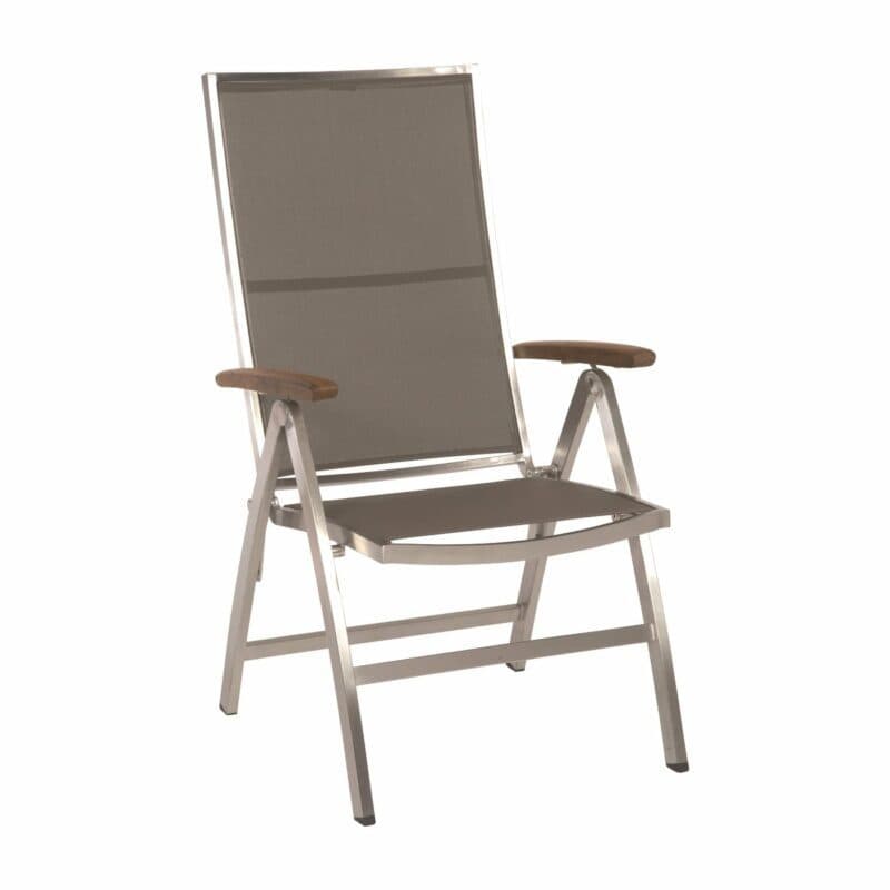 Stern "Cardiff" Klappsessel, Gestell Edelstahl, Textilgewebe taupe, Armlehnen Teakholz