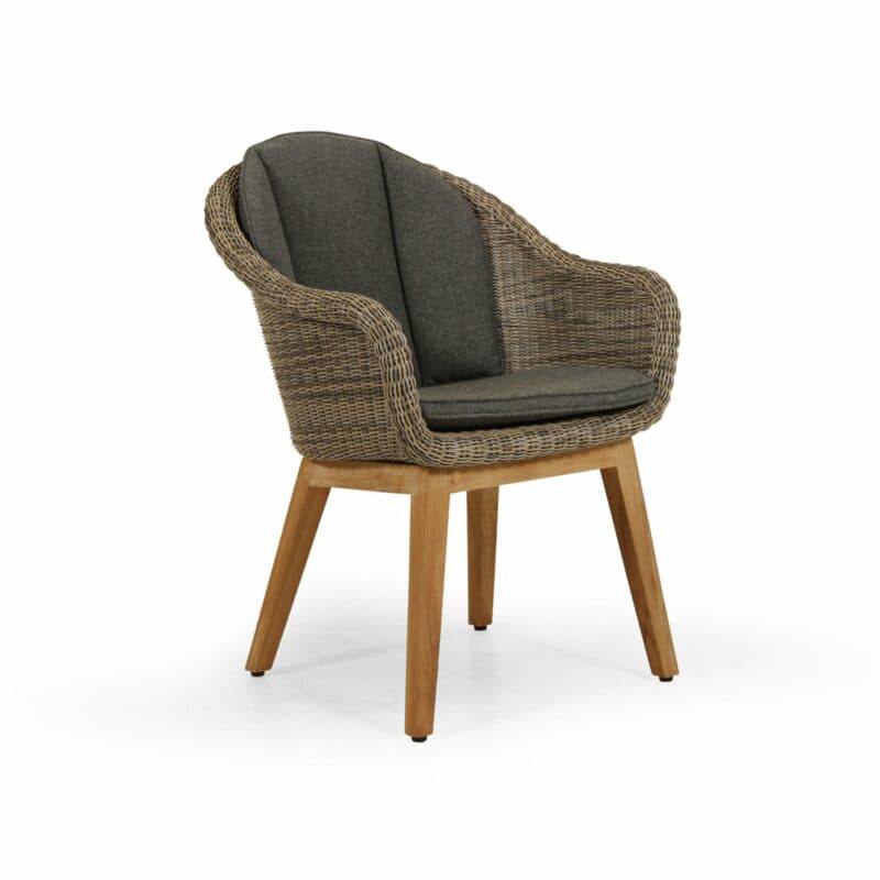 Brafab Diningsessel "Beverly", Gestell Teakholz, Sitz-und Rückenfläche Polyrattan rustic (beige), Sitz- und Rückenkissen grau