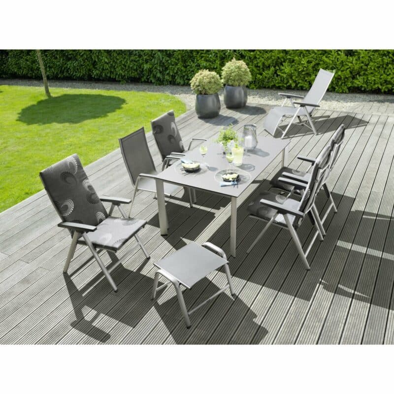 Kettler "Cirrus" Gartenmoebelserie, Alugestell silber, Textilgewebe anthrazit-grau, hier mit Gartentisch "Edge" Tischplatte Kettalux-Plus anthrazit (Schieferoptik)