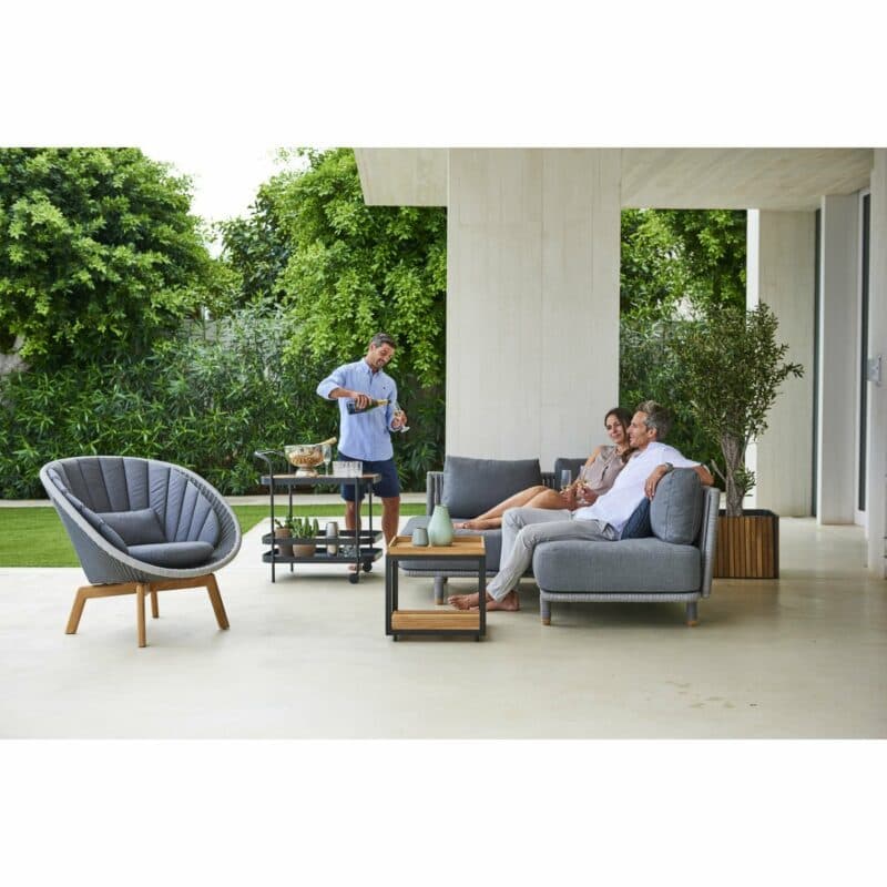 Cane-line Gartensessel "Peacock", Gestell Teakholz, Geflecht grau/hellgrau und Loungegruppe "Moments", dazu Teewagen "Roll"