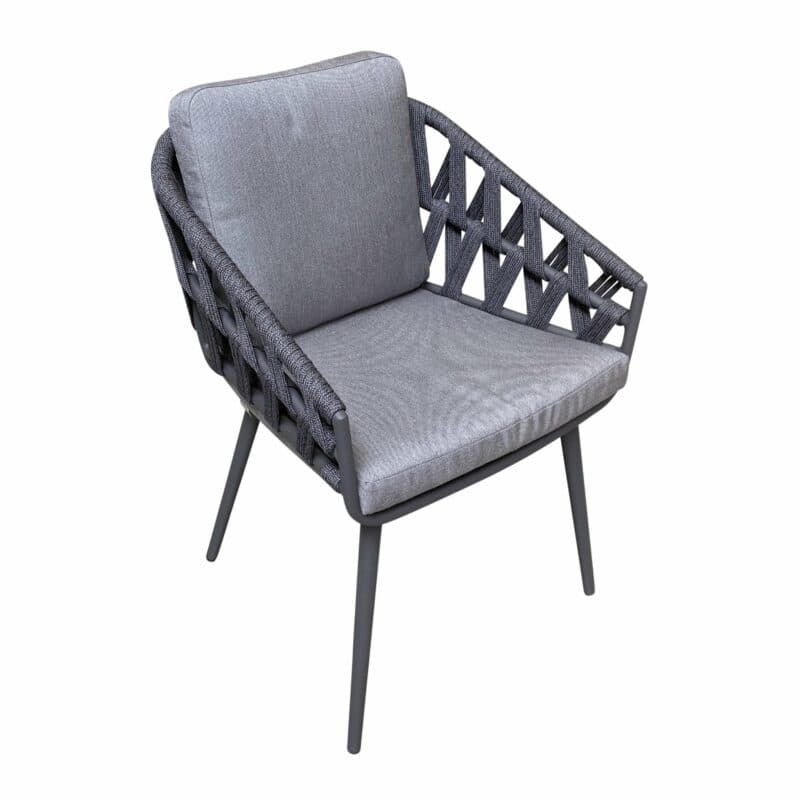 Jati&Kebon Dining-Sessel "Palm", Gestell Aluminium eisengrau, Rope cross weaving schwarz mit Kissen Natté Charcoal Chiné