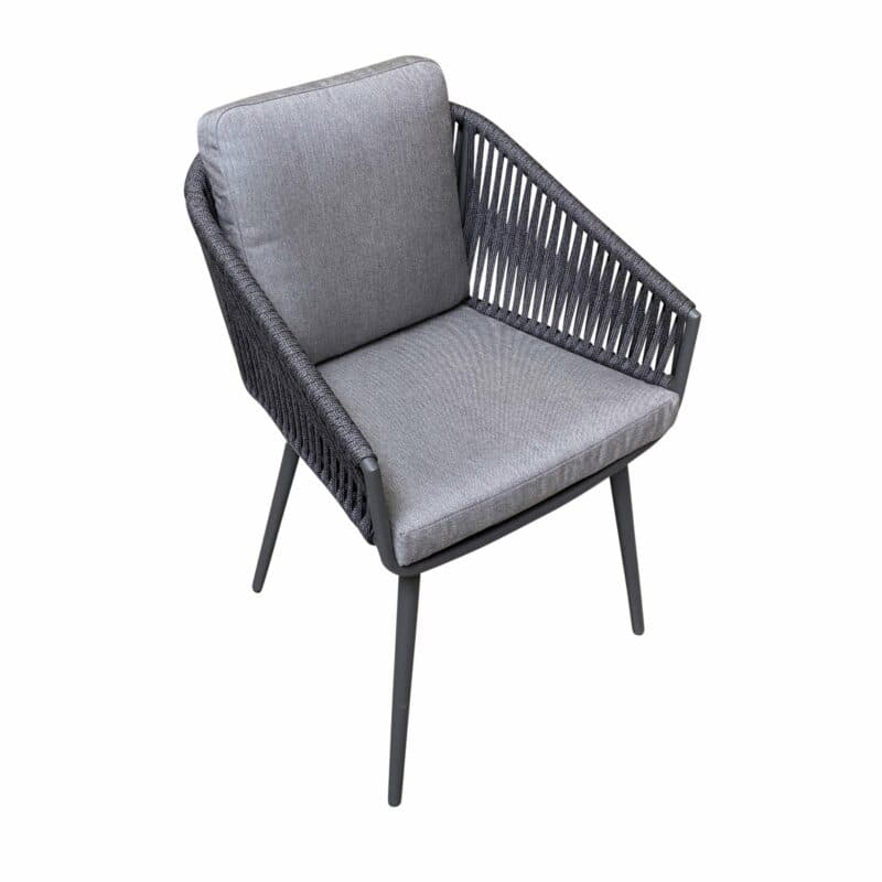 Jati&Kebon Dining-Sessel "Palm", Gestell Aluminium eisengrau, Rope straight weaving schwarz mit Kissen Natté Charcoal Chiné