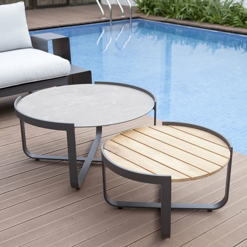 Zebra "Fly Lounge" 2er-Tischset, Gestell Aluminium, Tischplatten Teak und Glas-Keramik