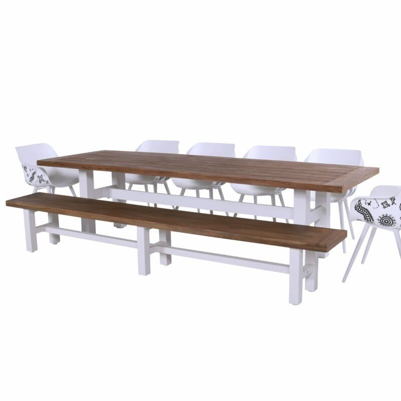 Hartman Gartentisch und Gartenbank "Sophie Yasmani", Gestell Aluminium weiß, Sitzfläche Teakholz mit "Sophie Tattoo" Armchair