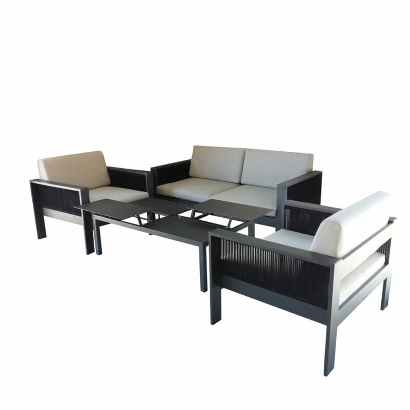 Jati&Kebon Loungegruppe "Miray", Aluminium eisengrau, Rope schwarz, Kissen hellgrau, verstellbarer Loungetisch "Liem"
