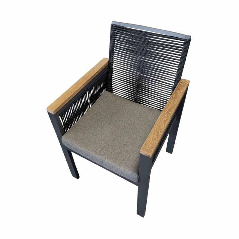 Jati&Kebon "Siara" Gartenstuhl, Gestell Aluminium anthrazit, Rope black, Armlehnen Teak, Kissen grau