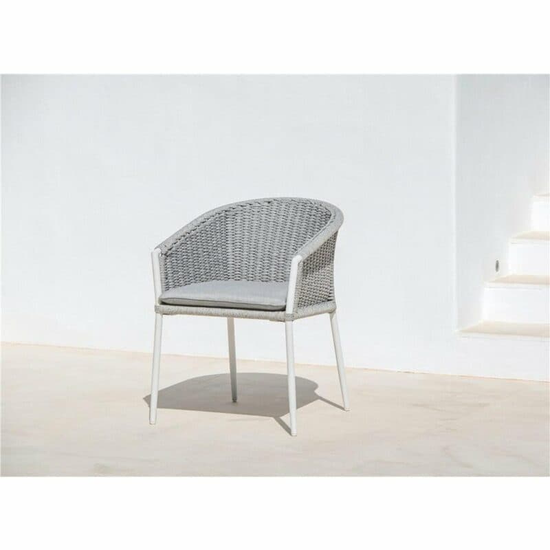 Jati&Kebon "Fortuna" Dining-Sessel, Gestell Aluminium weiß, Rope press weaving hellgrau melange, Kissen Natté Grey Chiné