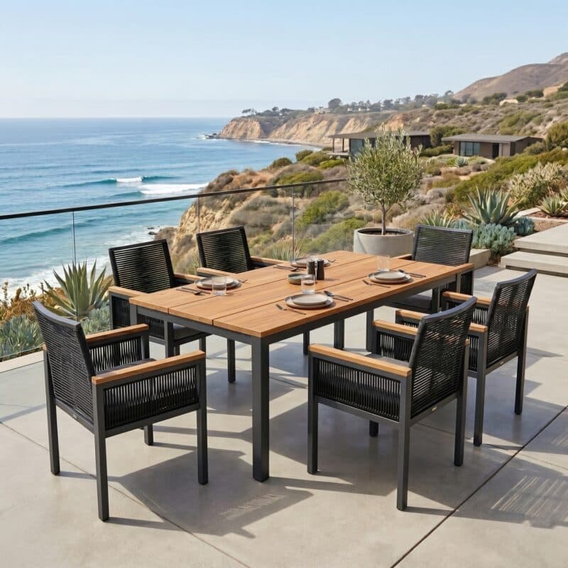 Jati&Kebon "Siara" Gartenstuhl, Gestell Aluminium anthrazit, Rope black, Armlehnen Teak, Kissen grau mit CASA DOMA "Varano" Gartentisch, Gestell Edelstahl anthrazit, Teakplatte, 160x90 cm (Bild KI-generiert)