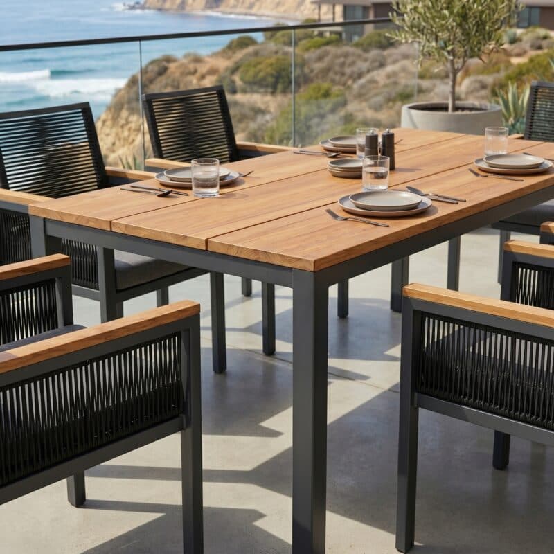 Jati&Kebon "Siara" Gartenstuhl, Gestell Aluminium anthrazit, Rope black, Armlehnen Teak, Kissen grau mit CASA DOMA "Varano" Gartentisch, Gestell Edelstahl anthrazit, Teakplatte, 160x90 cm (Bild KI-generiert)