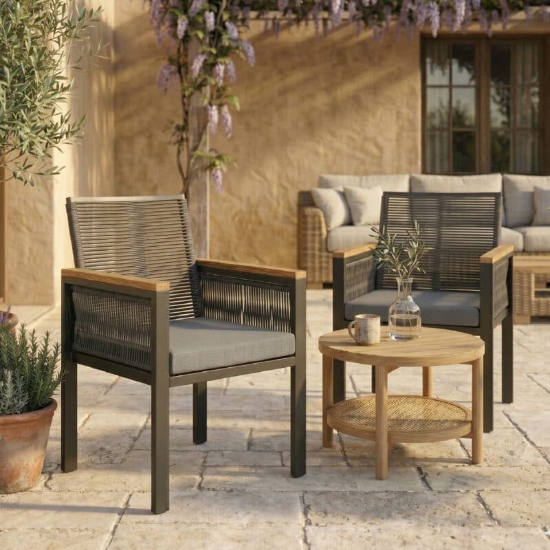 Jati&Kebon "Siara" Gartenstuhl, Gestell Aluminium anthrazit, Rope black, Armlehnen Teak, Kissen grau (Bild KI-generiert)