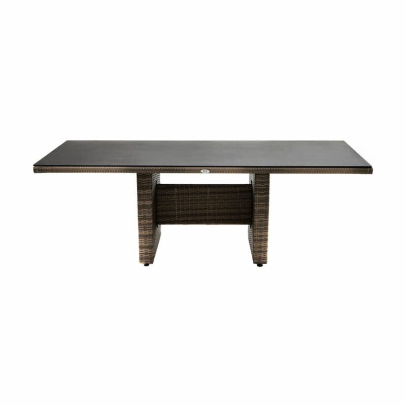 Ploß "Rabida" Diningtisch 220x100 cm, Polyrattangeflecht doppel-halbrund champagner meliert, Platte Glas in Steinoptik (Copyright Ploß & Co.)