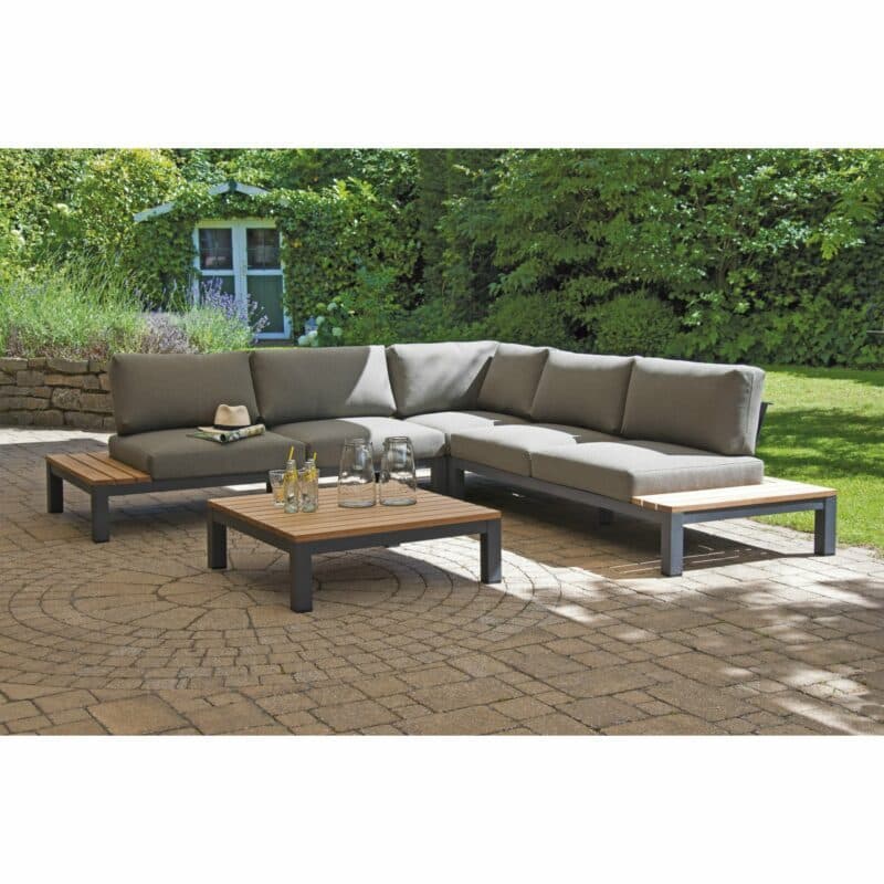 SonnenPartner Loungemodule, 2-Sitzer Eckmodul rechts und links, Eckmodul und Loungetisch "Equila", Gestell Aluminium anthrazit und Teakholz