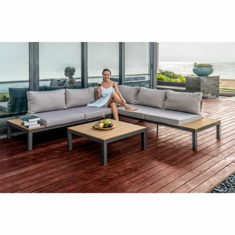 Home Islands "Laos" Loungegruppe, Gestell Aluminium anthrazit, Kissen hellgrau, Ablagen Polywood