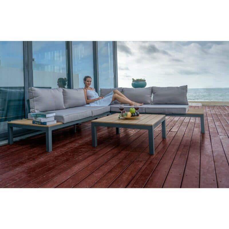 Home Islands "Laos" Loungegruppe, Gestell Aluminium anthrazit, Kissen hellgrau, Ablagen Polywood