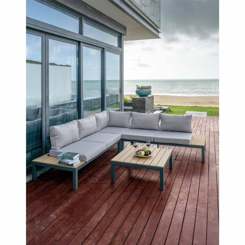 Home Islands "Laos" Loungegruppe, Gestell Aluminium anthrazit, Kissen hellgrau, Ablagen Polywood