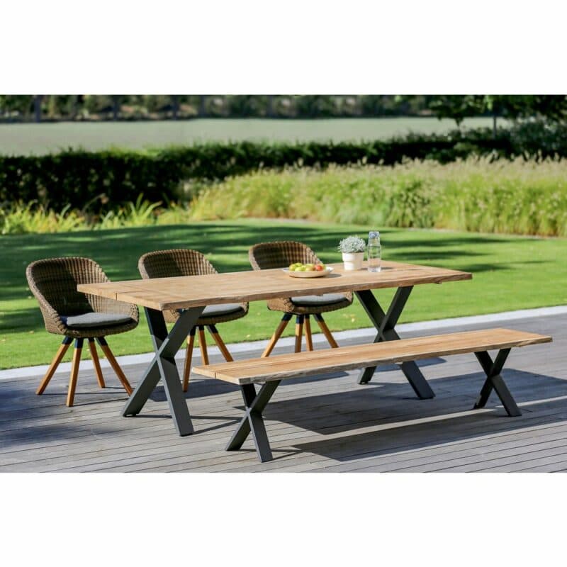 Niehoff Gartentisch "Solid", X-Fuß Aluminium anthrazit, Tischplatte Teakholz, gebürstet, 220x95 cm, Bank "Solid", Stuhl "Nizza" Red Pine, Kissen anthrazit
