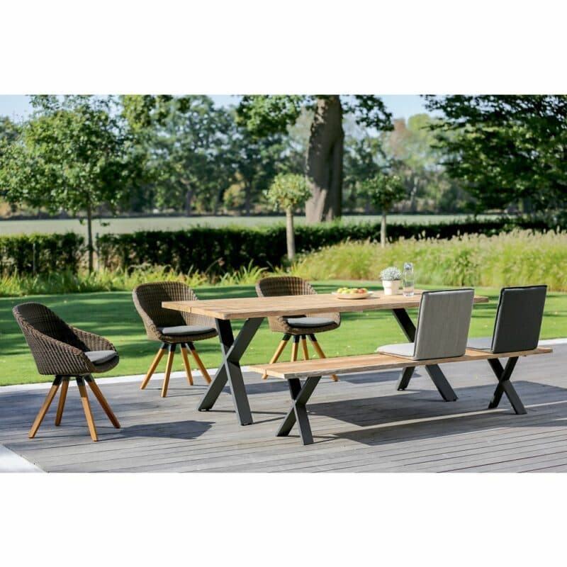 Niehoff Gartentisch "Solid", Gestell Aluminium anthrazit, Tischplatte Teak gebürstet, 220x95 cm, Bank "Solid" mit Schale "Nette", Stuhl "Nizza"