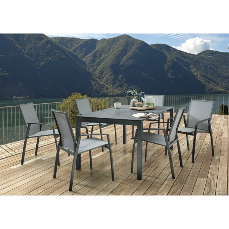 SIT Mobilia Gartenmöbel-Set mit Stuhl "Argentina“ & Ausziehtisch "Etna“, Alu anthrazit, Tischplatte HPL Oxido Bluestone, 160/220x95 cm, Sitzfläche Textilgewebe silber