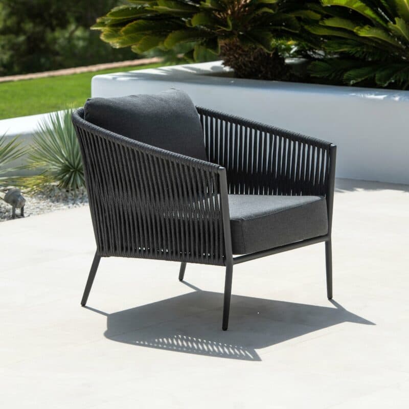 Jati&Kebon "Fortuna" Loungesessel, Gestell Aluminium eisengrau, Bespannung Rope schwarz, Kissen Natté Sooty