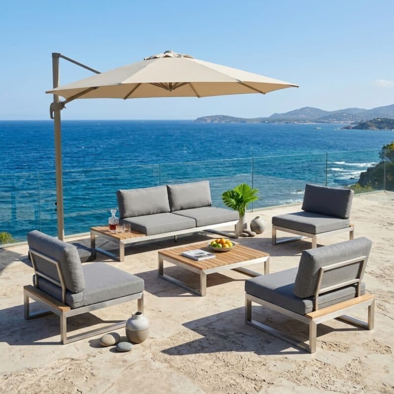 Jati & Kebon "Virginia" Loungegruppe, Gestell Edelstahl, Kissen schiefergrau (slate), Sunbrella® Qualität (Bild KI-generiert)