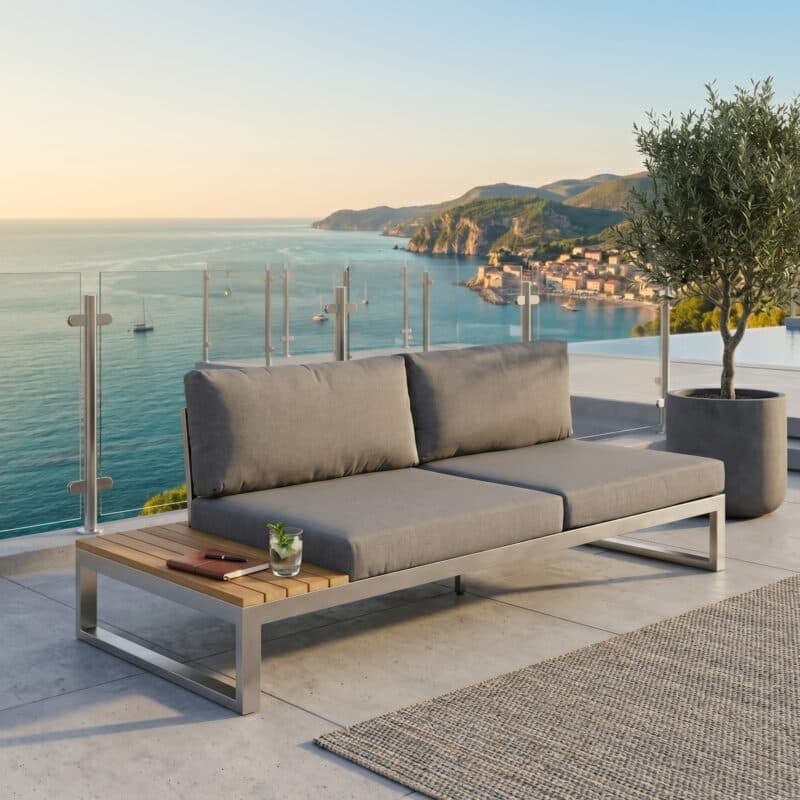 Jati & Kebon "Virginia" 2-Sitzer, rechts, Gestell Edelstahl, Kissen schiefergrau (slate), Sunbrella® Qualität (Bild KI-generiert)