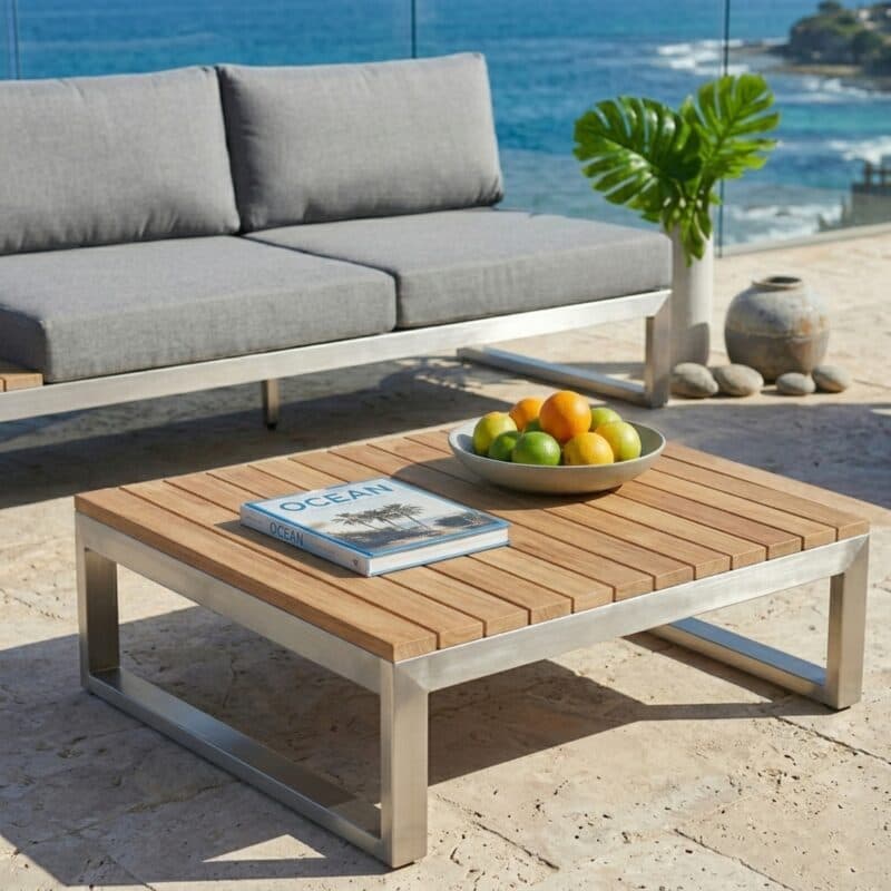 Jati & Kebon "Virginia" Loungetisch, Gestell Edelstahl, 85x85 cm (Bild KI-generiert)