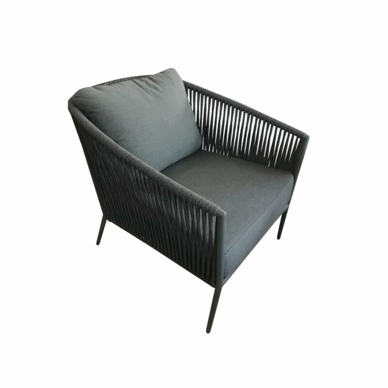Jati&Kebon "Fortuna" Loungesessel, Gestell Aluminium eisengrau, Bespannung Rope schwarz, Kissen Natté Sooty