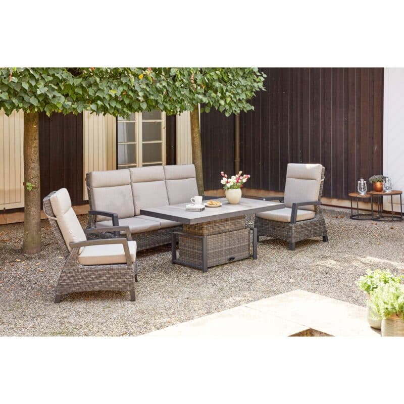 Siena Garden "Corido" Loungesessel, Sofa und Lift-Tisch 160x90 cm, Gestell Aluminium anthrazit matt, Geflecht charcoal grey, Kissen taupe meliert, Tischplatte Keramik