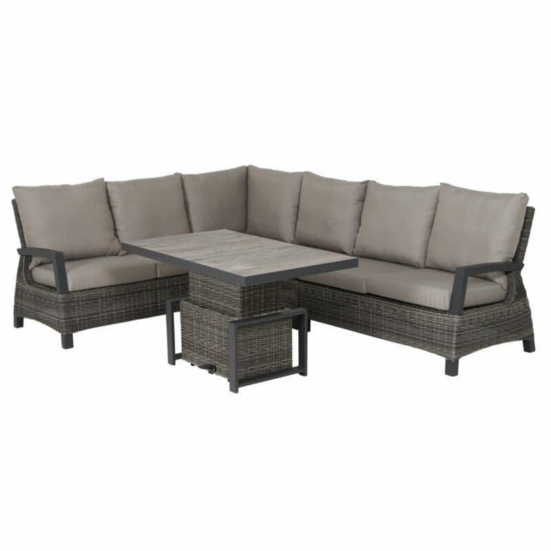 Siena Garden "Corido" Loungeset mit Lift-Tisch 130x75 cmund Ecklounge, Gestell Aluminium anthrazit, Geflecht charcoal grey, Tischplatte Keramik, Polster taupe meliert